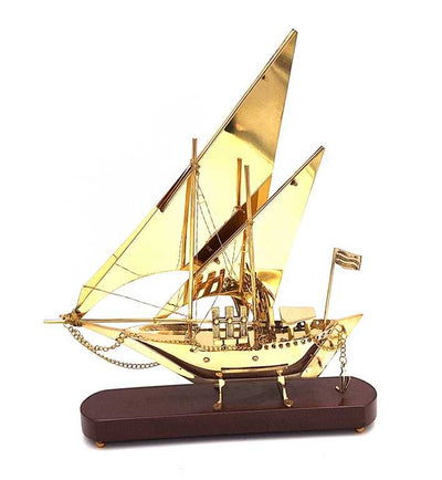 Mosazná loď na dřevěném podstavci 43cm - N-4453