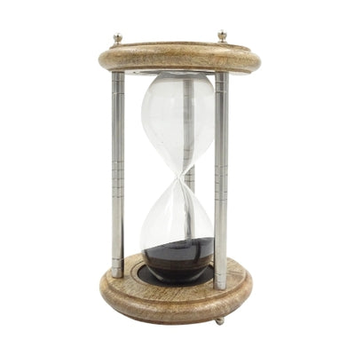 Reloj de arena de latón y madera de 10 minutos con grabado - Regalo elegante en color negro, altura 25 cm, hecho de metal, vidrio y madera de mango