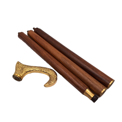 Baston din lemn pentru mers cu mâner auriu - pliabil - cadou elegant cu posibilitate de personalizare prin gravură - 91,5 cm, maro, cu mâner din alamă
