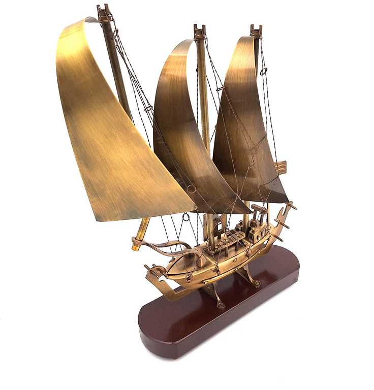 Large Brass Ship on a Wooden Base - 38cm - N-3615B