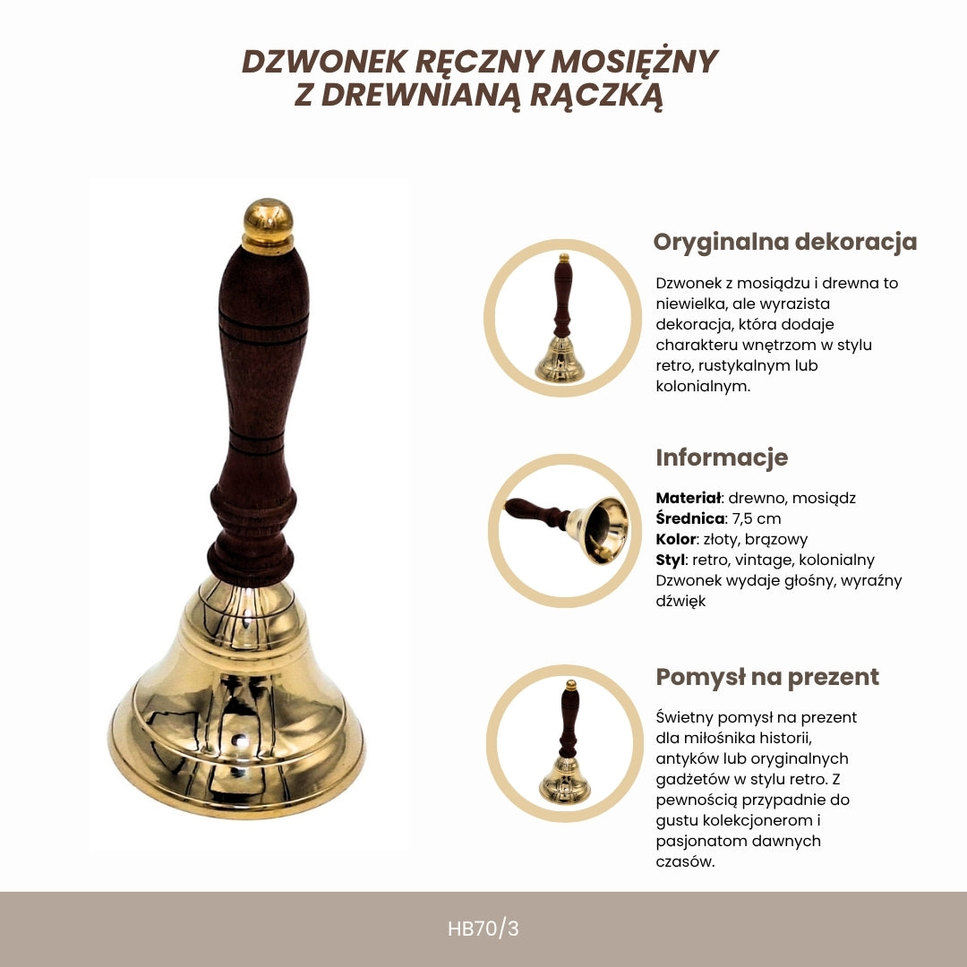 Mosazný ruční zvonek s dřevěnou rukojetí – Retro – HB70/3