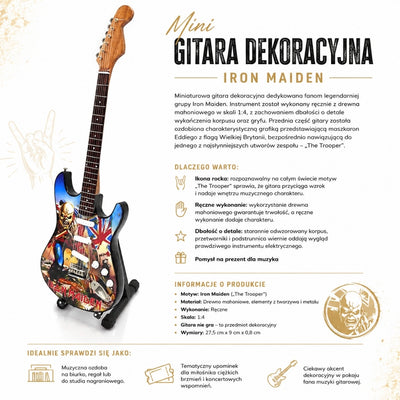 Mini guitarra decorativa Iron Maiden «The Trooper» de caoba - Adorno hecho a mano para fans de la música