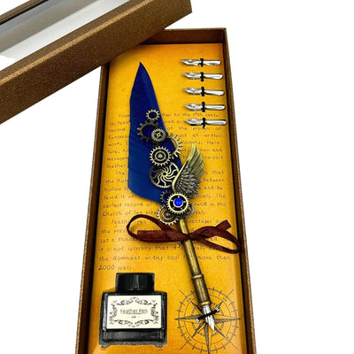 Retro kaligrafická sada s modrým husím brkem Vintage, 6 hrotů, inkoust, dárek – EE11