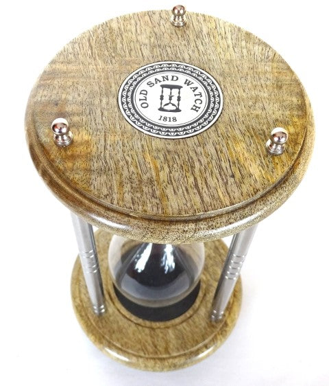 Reloj de arena de latón y madera de 10 minutos con grabado - Regalo elegante en color negro, altura 25 cm, hecho de metal, vidrio y madera de mango