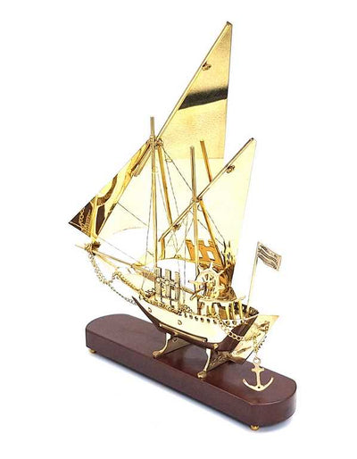 Mosazná loď na dřevěném podstavci 43cm - N-4453
