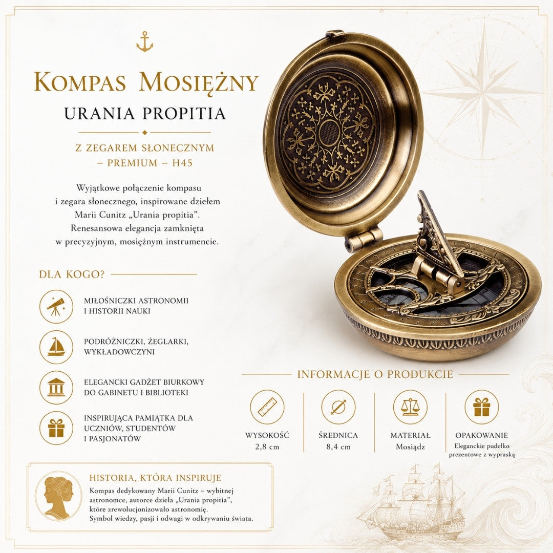 Mosazný kompas Urania Propitia se slunečními hodinami - Premium - H45