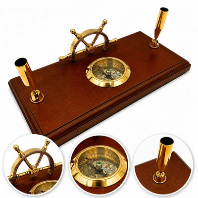 Nautical Desk Set – Ship's Wheel, Compass, Pen Holders – TT019
