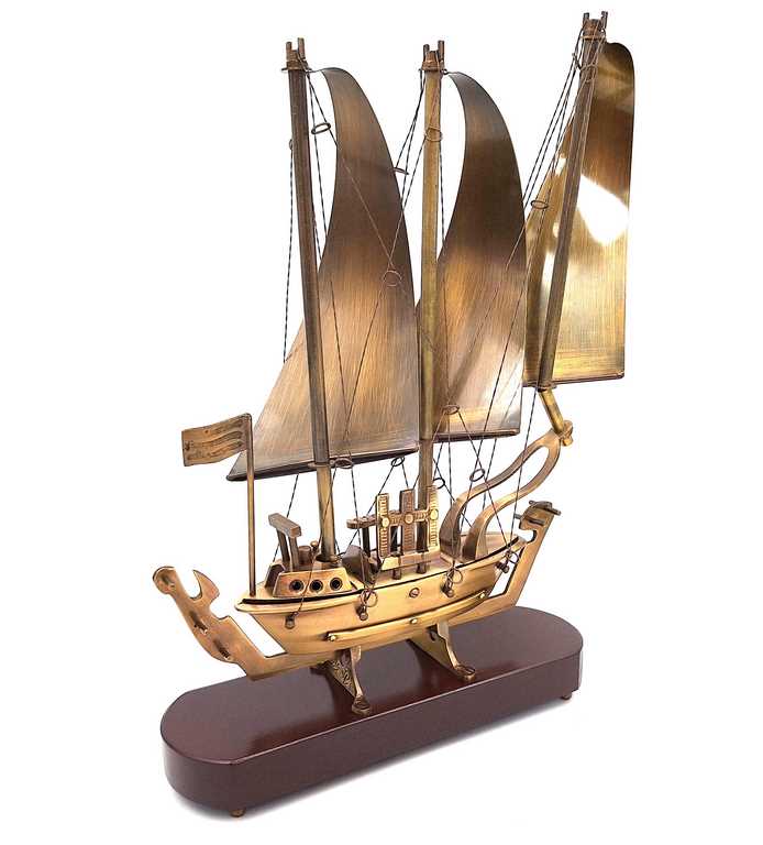 Large Brass Ship on a Wooden Base - 38cm - N-3615B