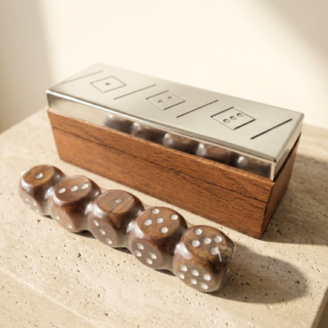 Dice Game in a Wooden Box with a Metal Top - G1117