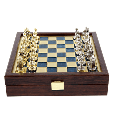 Elegantiškos aukščiausios kokybės žalvarinės šachmatų figūros „Bizantija“, 20x20 cm, su personalizuotu graviravimu - ideali dovana šachmatininkui ir istorijos mėgėjui - rankų darbo figūros, padengtos auksu ir sidabru