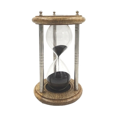 Reloj de arena de latón y madera de 10 minutos con grabado - Regalo elegante en color negro, altura 25 cm, hecho de metal, vidrio y madera de mango