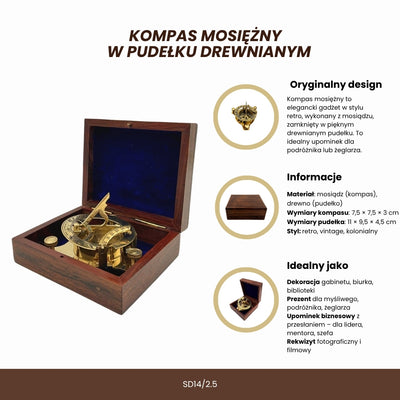 Mosazný kompas Dollond v dřevěné krabičce s funkcí slunečních hodin - ideální jako dárek s možností gravírování - antický styl, rozměry 7,5 x 7,5 x 3 cm