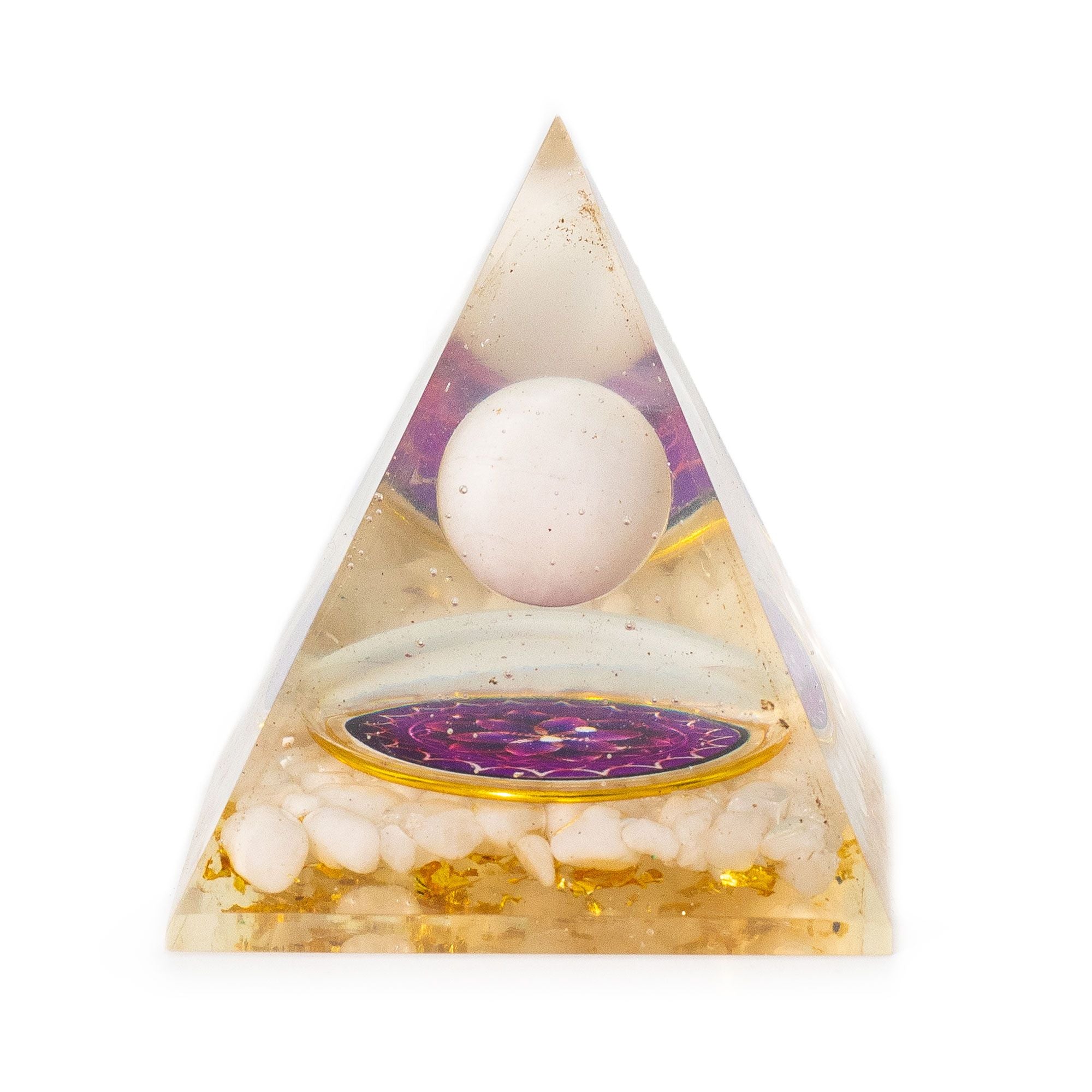 Orgonite Pyramid with White Quartz Sphere 7x6 cm - Natural Quartz Pieces and Gold Flakes