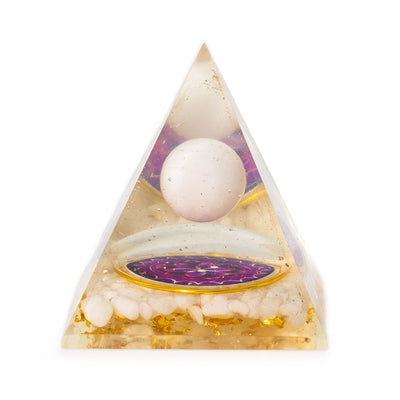 Orgonite Pyramid with White Quartz Sphere 7x6 cm - Natural Quartz Pieces and Gold Flakes