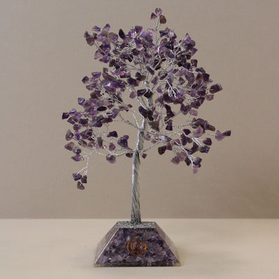 Amethyst Crystal Tree of Happiness - 320 Stones, Purple Leaves, Orgonite Base