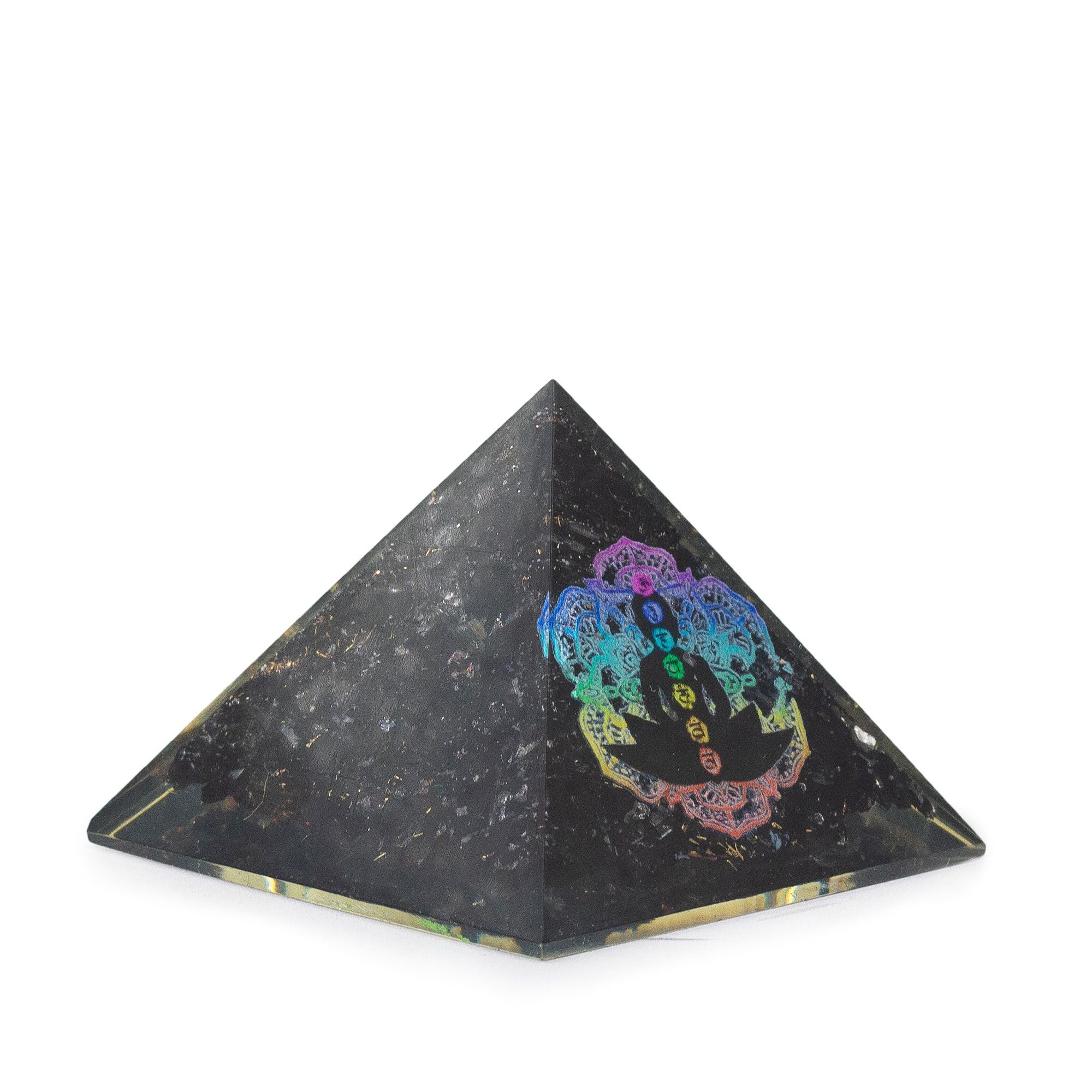 Small Orgonite Pyramid with Black Tourmaline 5.5x4.5cm with Buddha Chakra Motif
