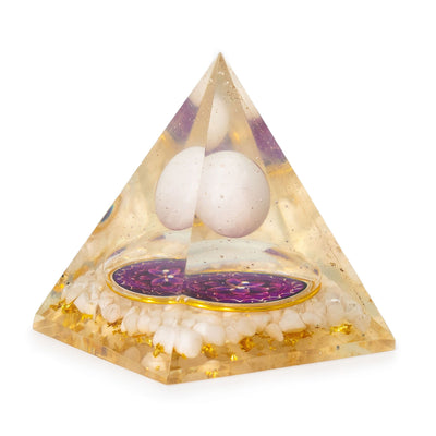 Orgonite Pyramid with White Quartz Sphere 7x6 cm - Natural Quartz Pieces and Gold Flakes