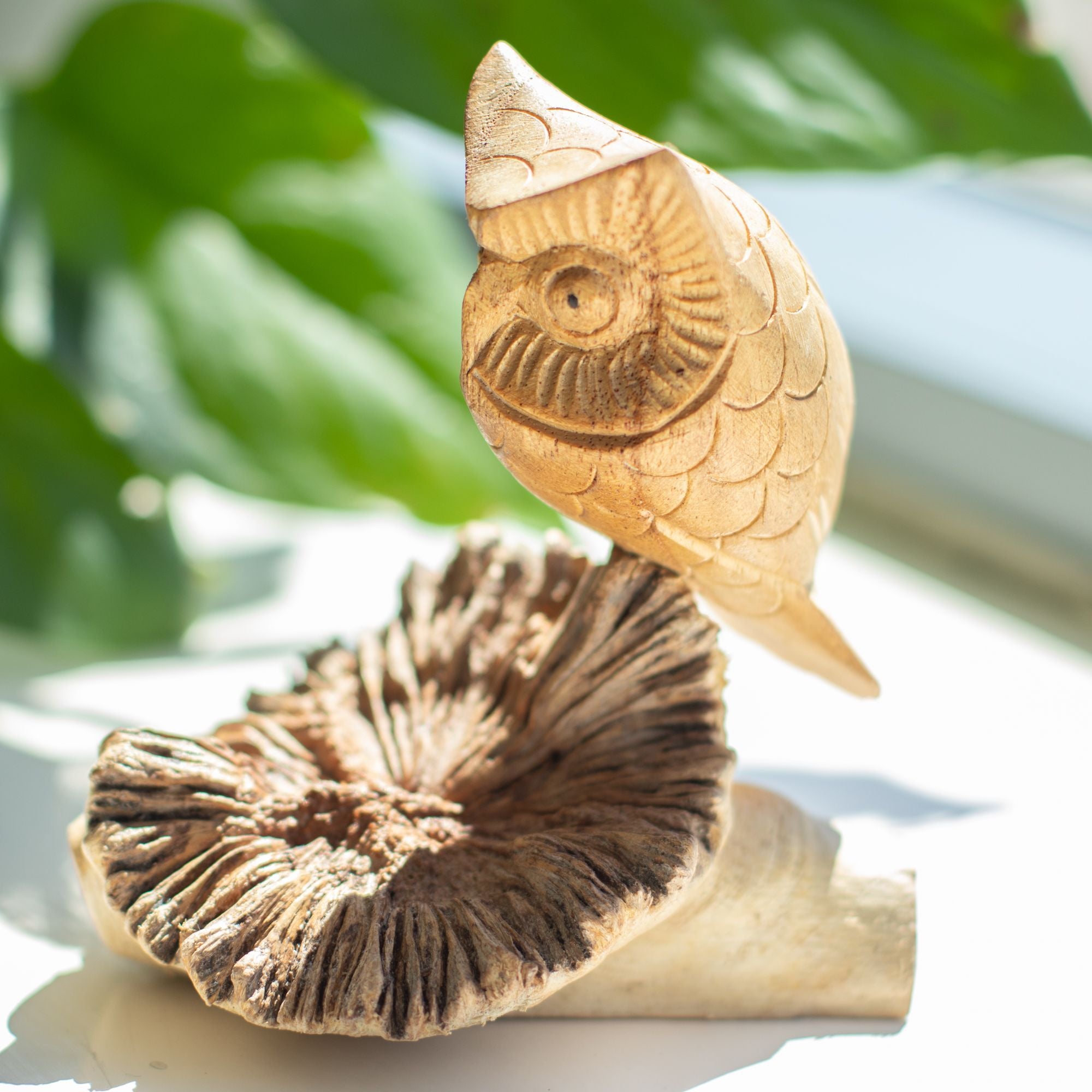 Handmade Owl Sculpture from Tree Burl - Unique Gift Figurine, Height 11 cm, Natural Shades from Indonesia