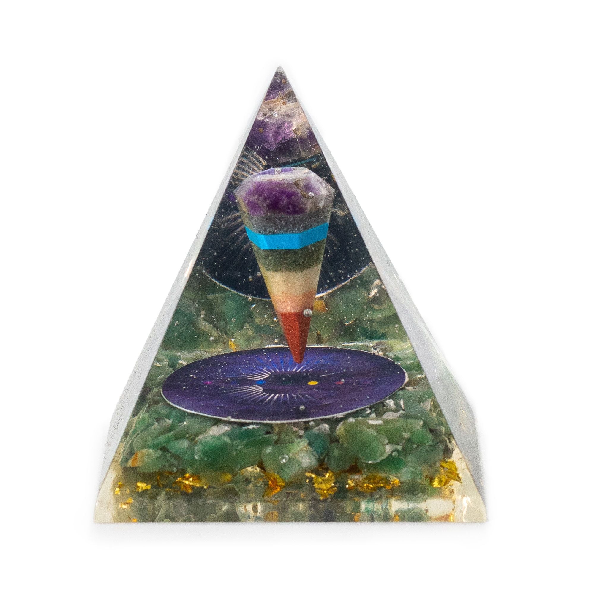 Medium Orgonite Pyramid with Pendulum and Green Aventurine Chips 7x6 cm