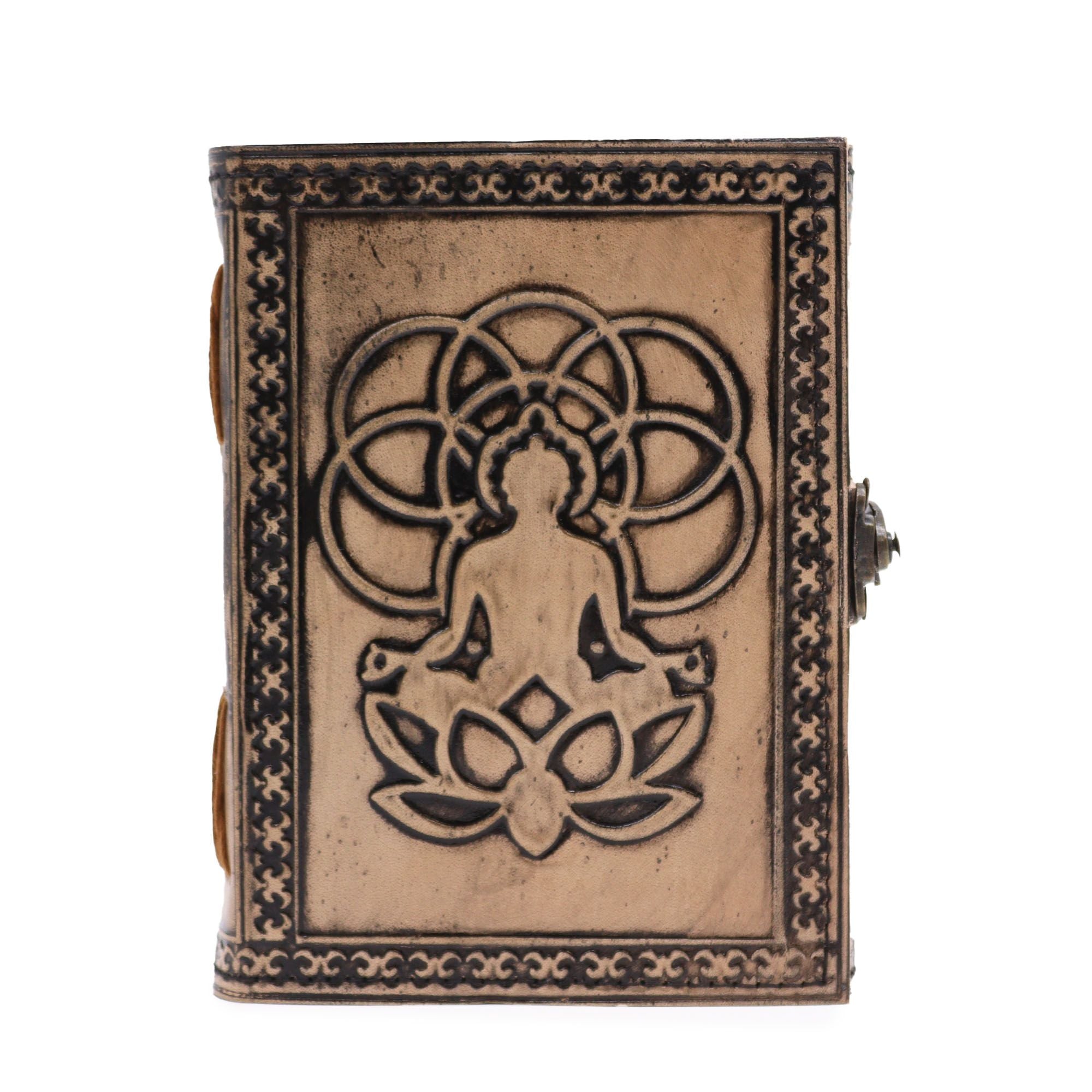 Ezoterický zápisník Buddha v červeno-tanovém odstínu - kožený zápisník s 200 stránkami, rozměry 17,5x12,5x3 cm