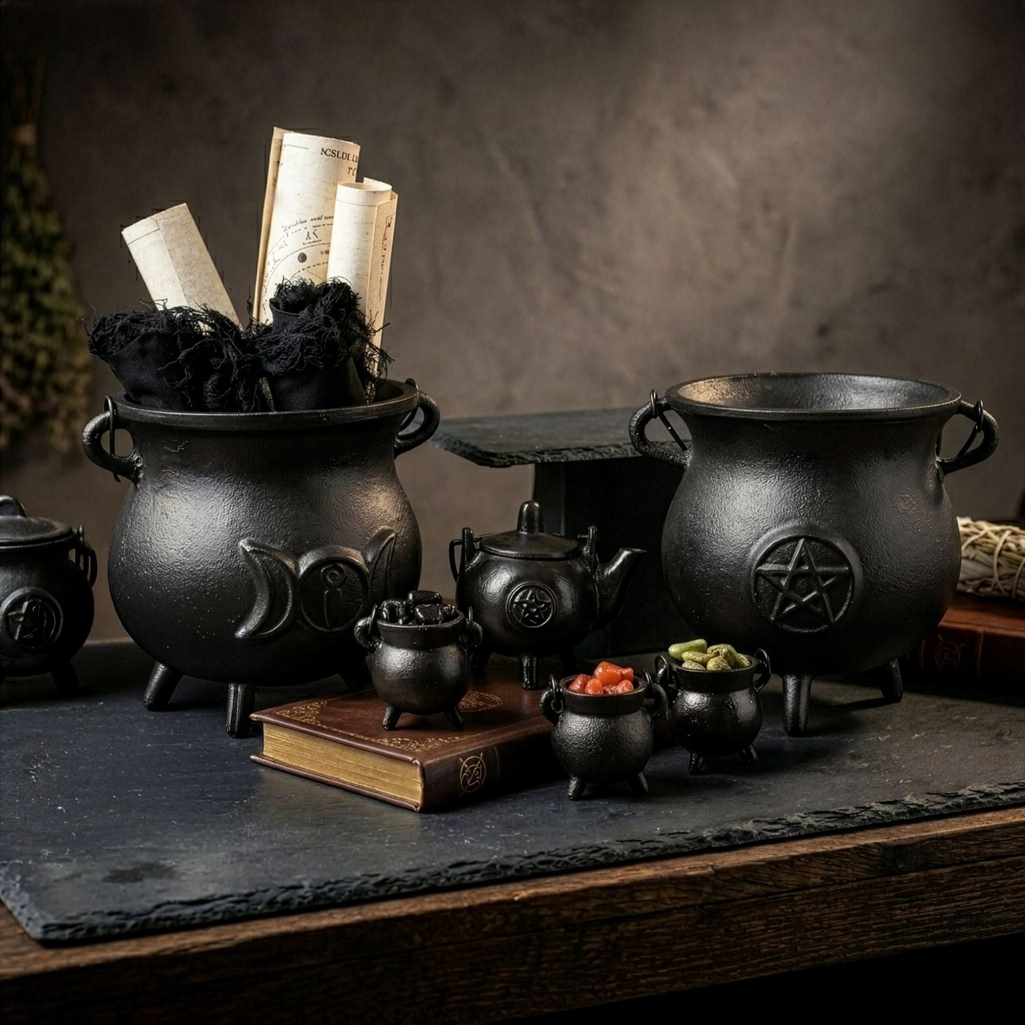 Huge Cast Iron Cauldron with Triple Moon 23x18 cm