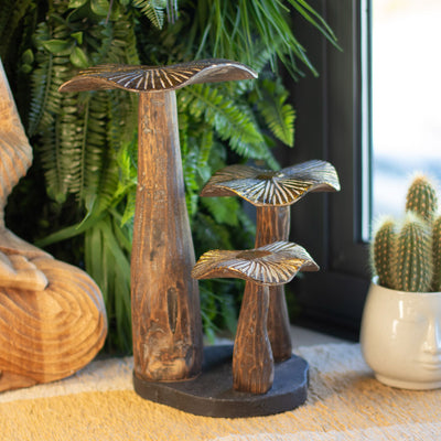 Large Golden Mushroom Sculpture 32 cm - Natural Wood - Unique Decorative Element for Gift - Forest, Rustic, and Modern Style