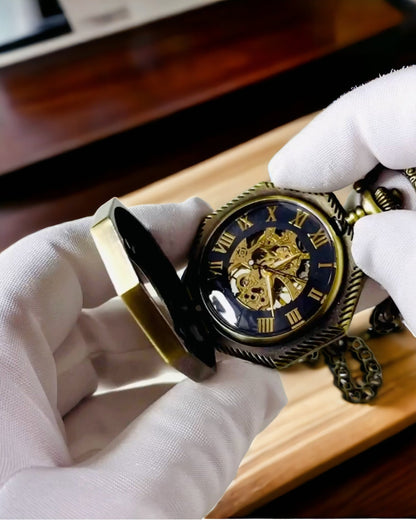 Klasické Osmiboké Hnědé Mechanické Kapesní Hodinky ve Stylu Steampunk - Nadčasové