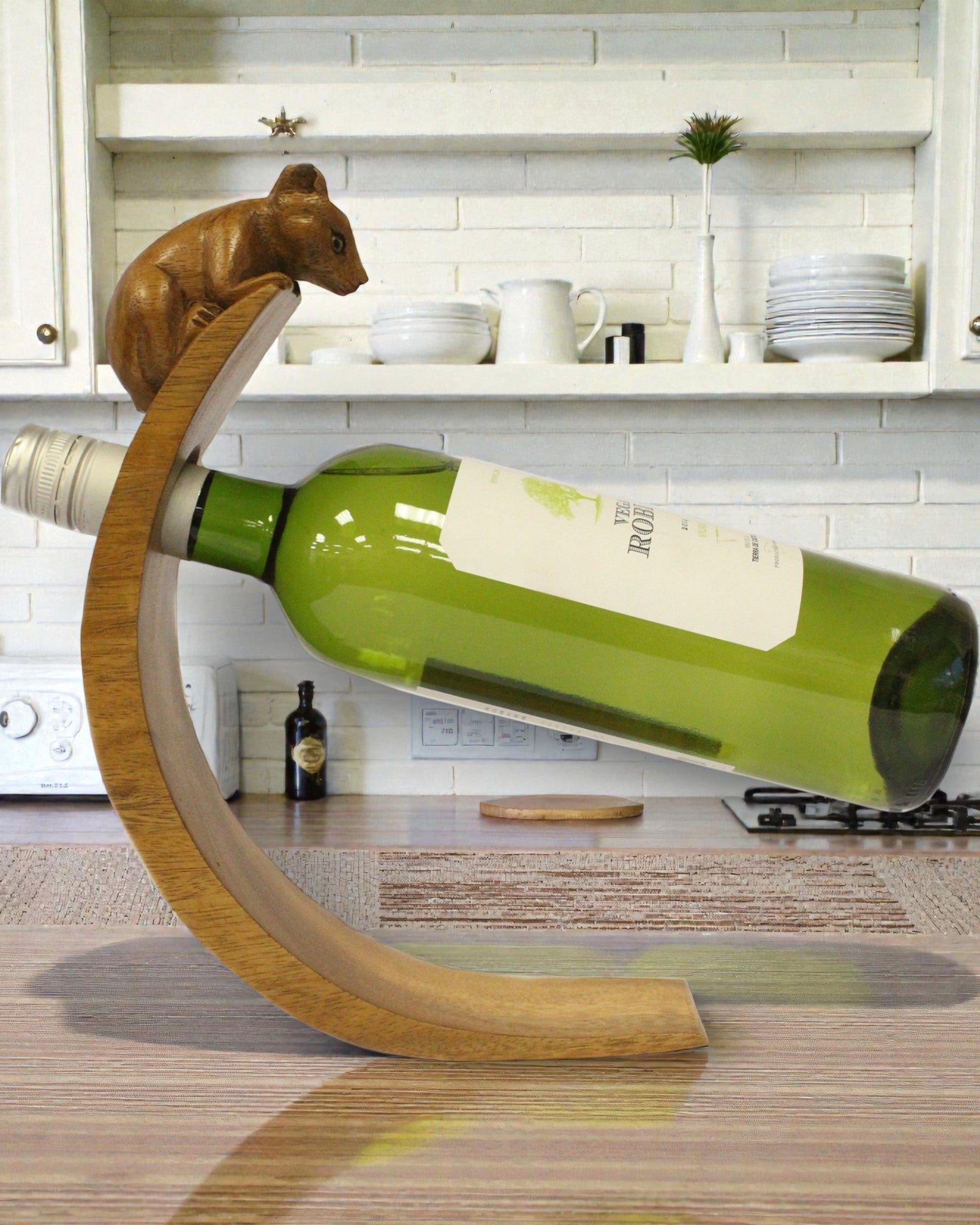 Forest Balance – Carved Balancing Wine Holder with Mouse