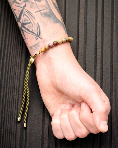 Moss Aura – Bransoletka z Jaspisem Picasso i Złotem 18K na Zielonym Sznurku