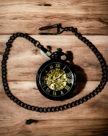 Mechanické kapesní hodinky v retro stylu, vodotěsné, poloautomatické - černá barva - ideální jako dárek, gravírování