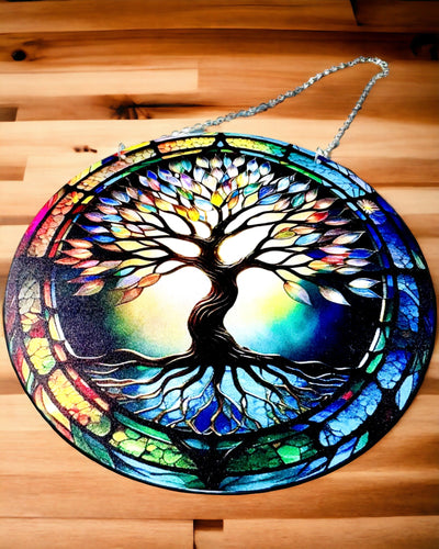 Prismatic Sun Pendant 'Tree of Life' - Colorful Window Decor