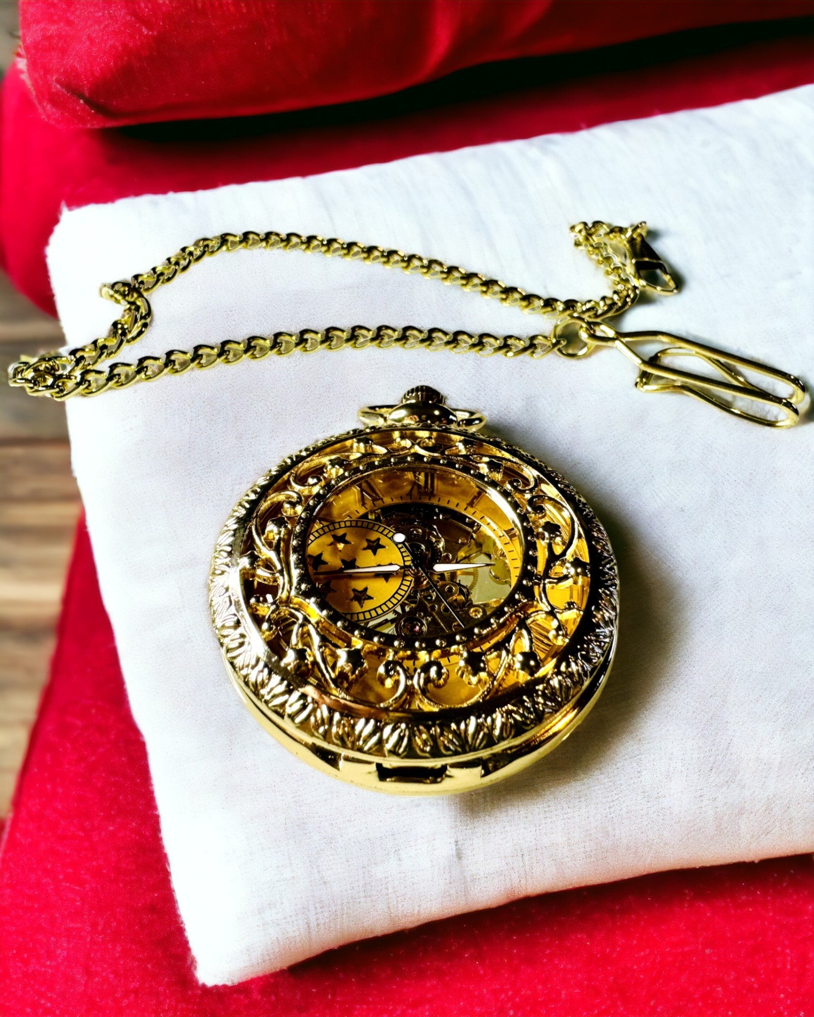 "Złoty Majestat" - Ceas de Buzunar Mecanic de Lux cu Miez Transparent. Personalizare cu Gravură