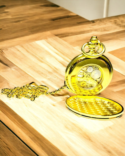 Reloj de Bolsillo Mecánico Clásico con Doble Tapa, Manual, Color Dorado, con grabado