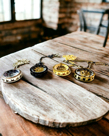 Mechanické kapesní hodinky v retro stylu, vodotěsné, poloautomatické - černá barva - ideální jako dárek, gravírování