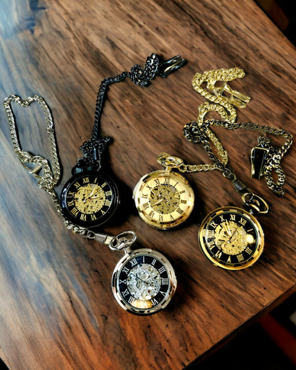 Mechanické kapesní hodinky v retro stylu, vodotěsné, poloautomatické - černá barva - ideální jako dárek, gravírování