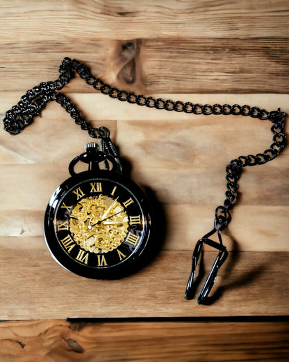 Mechanické kapesní hodinky v retro stylu, vodotěsné, poloautomatické - černá barva - ideální jako dárek, gravírování
