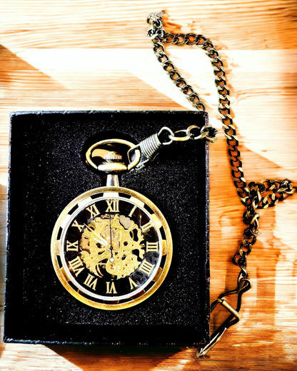 Relógio de Bolso Retro – Mecânico, Cor ouro escovado com preto, Luxuoso, Resistente à água, Semi-automático, personalização com gravação