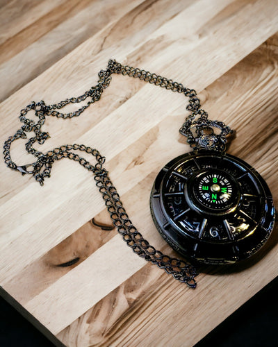 Pocket Watch with Compass – Elegant Vintage Style Pendant with Hollow Skeleton and Black Dial, personalization with engraving