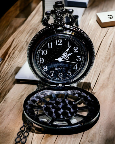 Pocket Watch with Compass – Elegant Vintage Style Pendant with Hollow Skeleton and Black Dial, personalization with engraving
