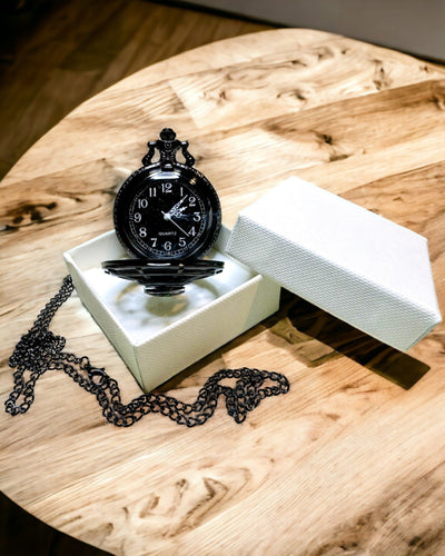 Pocket Watch with Compass – Elegant Vintage Style Pendant with Hollow Skeleton and Black Dial, personalization with engraving