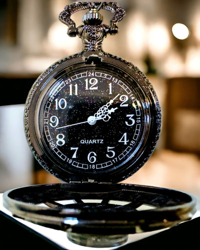 Pocket Watch with Compass – Elegant Vintage Style Pendant with Hollow Skeleton and Black Dial, personalization with engraving