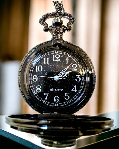 Pocket Watch with Compass – Elegant Vintage Style Pendant with Hollow Skeleton and Black Dial, personalization with engraving