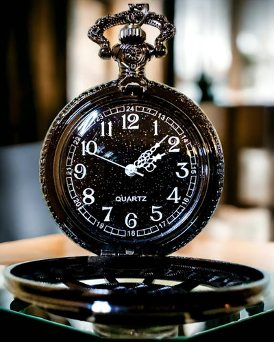 Pocket Watch with Compass – Elegant Vintage Style Pendant with Hollow Skeleton and Black Dial, personalization with engraving