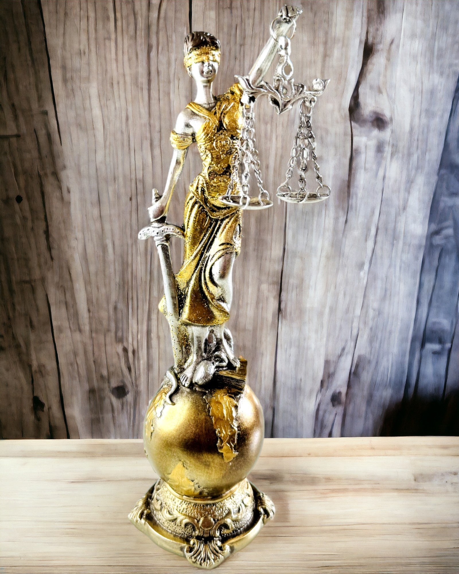 Statueta Zeița Justiției – Decorațiune Artistică pentru Raft, Meșteșug din Rășină, personalizare cu gravură