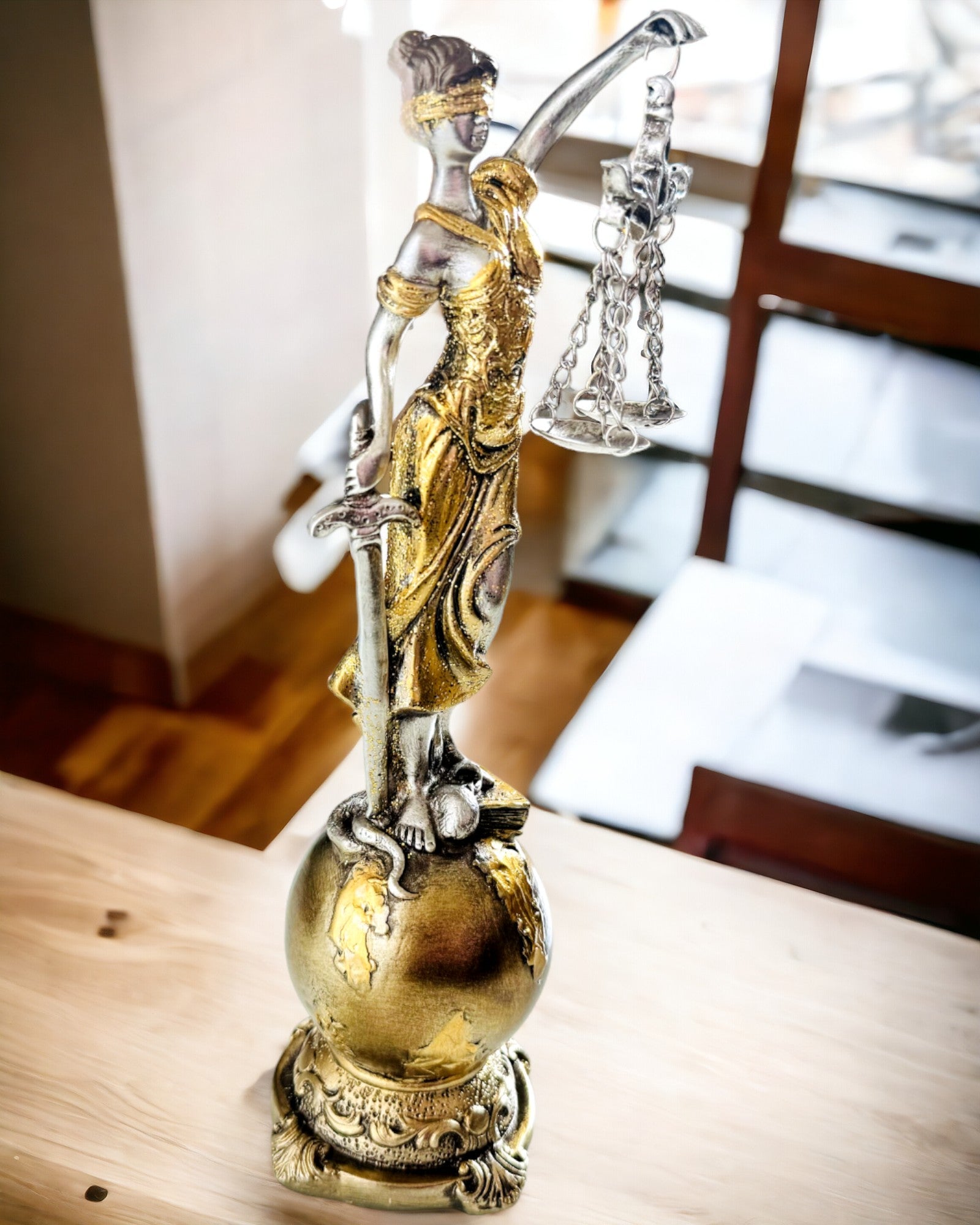 Statueta Zeița Justiției – Decorațiune Artistică pentru Raft, Meșteșug din Rășină, personalizare cu gravură