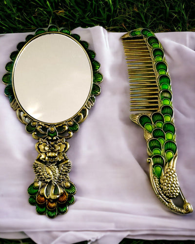Vintage Set with Mirror and Comb in Peacock Motif - Decorative Cosmetic Accessories