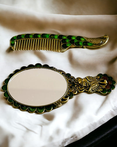 Vintage Set with Mirror and Comb in Peacock Motif - Decorative Cosmetic Accessories