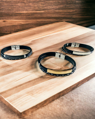 PU Leather and Stainless Steel Sports Bracelet with Engraving Option – 3 Colors