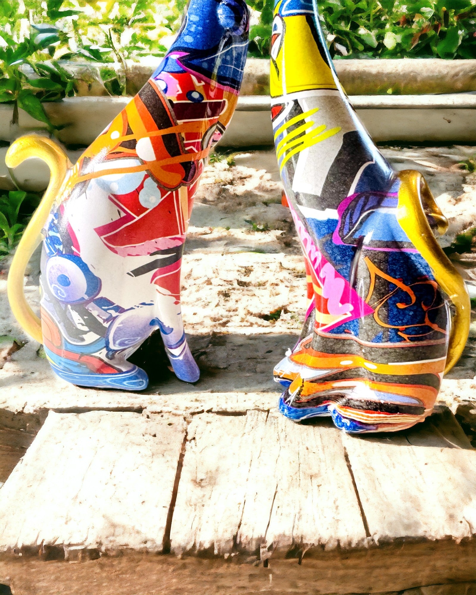 Abstraktní kočičí figurky "ArtCats", ručně malované, pryskyřice – 25 cm, 2 ks.