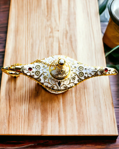Magic Aladdin Lamp with Engraving Option - White Variant, interwoven with gold